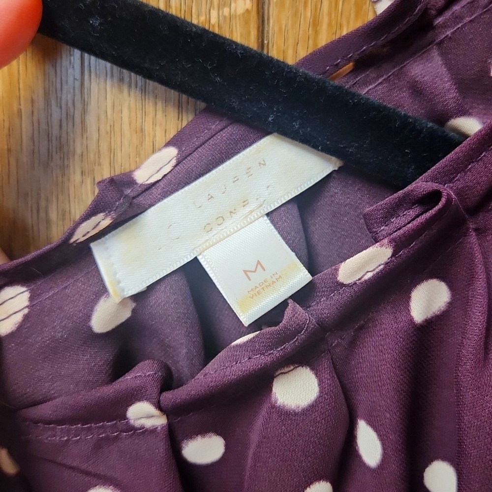 Lauren Conrad LC Pleated Burgundy Short Sleeve Top Polka Dots Medium - Picture 3 of 3